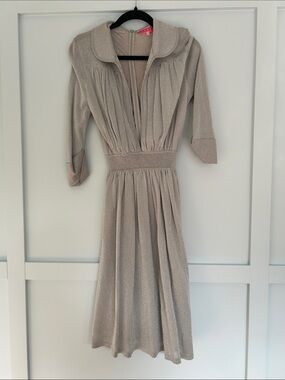Shimmery Cream Midi Dress with Gathered Waist